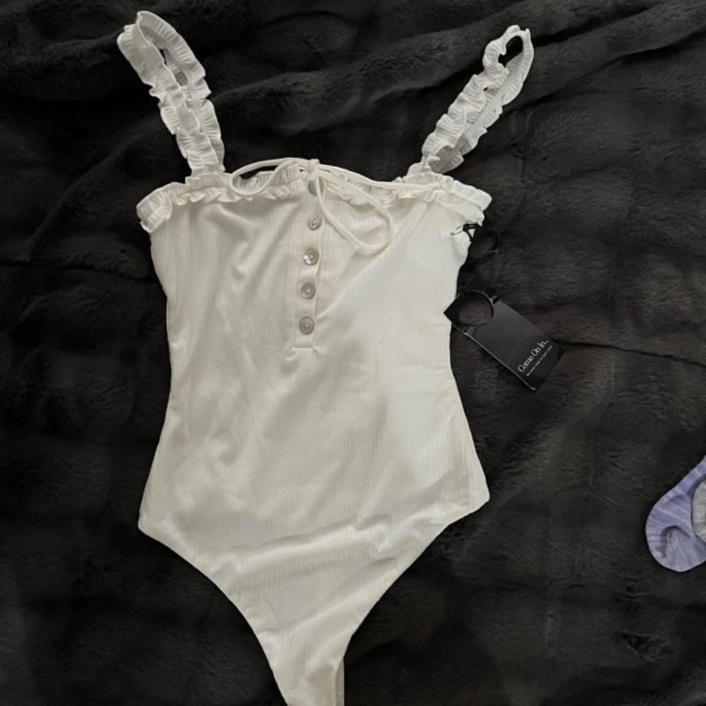 Revolve White Privacy Please Langley Ribbed Bodysuit AS SEEN ON Christina Hall
